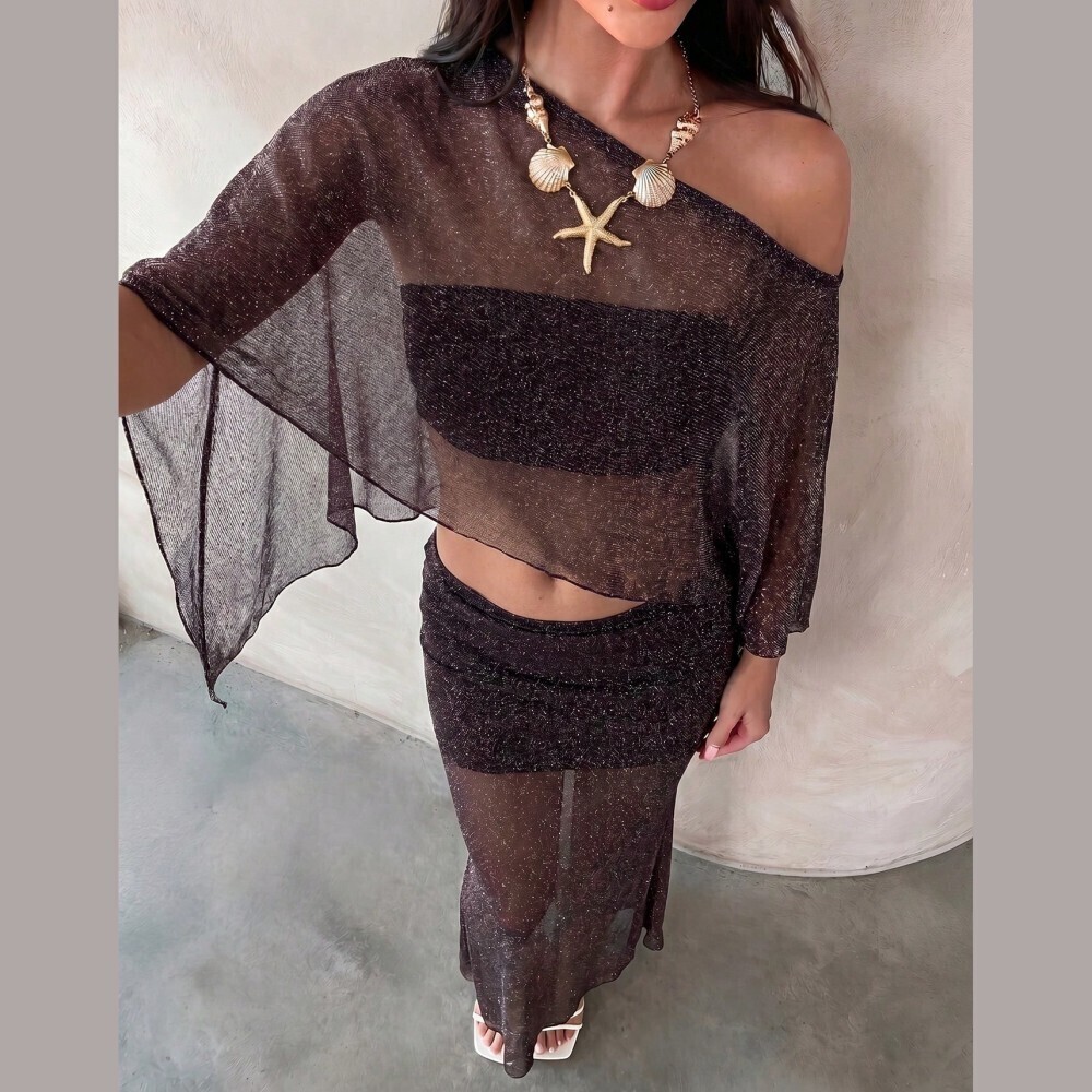 Brown Shimmer Sheer Asymmetrical Off-Shoulder Crop Top & Maxi Skirt Set